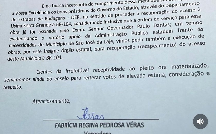 Fabrícia Veras solicita em documento ao DER início da obra que vai interligar o acesso à Usina Serra Grande com a BR-104.