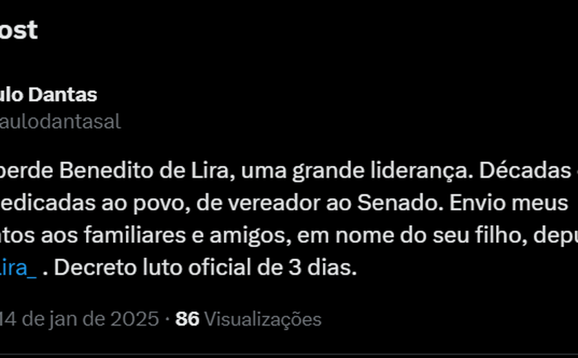 Governo de Alagoas decreta três dias de luto pela morte de Benedito de Lira