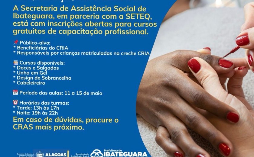 Prefeitura de Ibateguara abre inscrições para cursos gratuitos de capacitação profissional