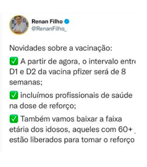 Renan Filho anuncia diminuição no intervalo de doses da Pfizer e dose de reforço