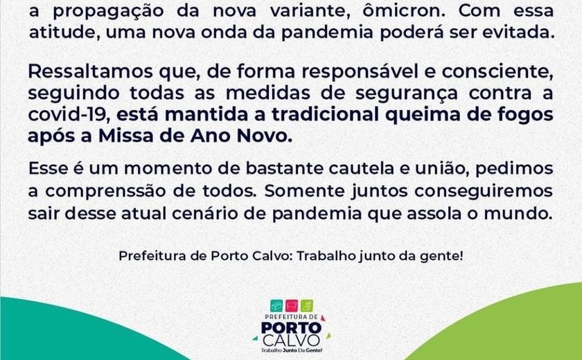 Prefeitura de Porto Calvo suspende comemorações de reveillon