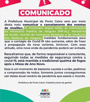 Prefeitura de Porto Calvo suspende comemorações de reveillon