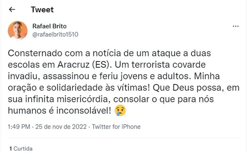 Rafael Brito presta solidariedade às famílias das vítimas de ataques em escolas