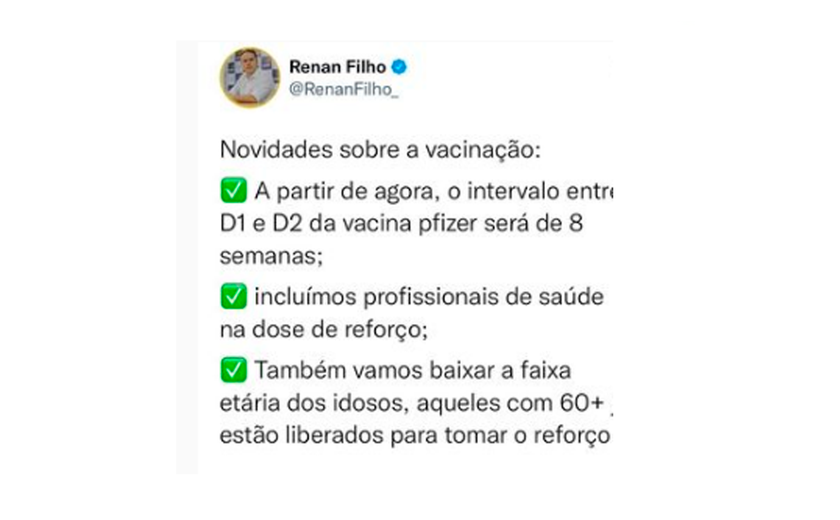 Renan Filho anuncia diminuição no intervalo de doses da Pfizer e dose de reforço