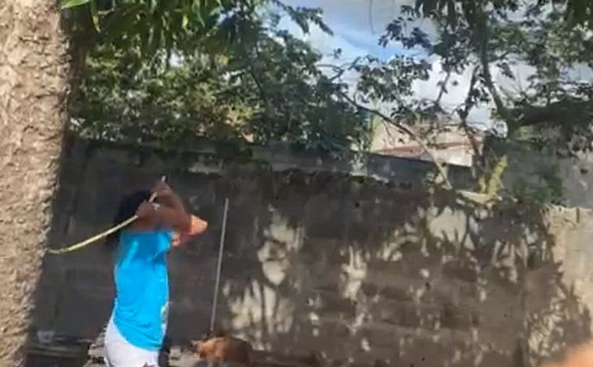 Mulher vai responder por maus-tratos após ser flagrada espancando cachorro com mangueira