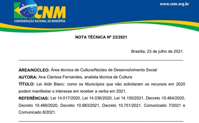 Notas técnicas orientam gestores a solicitar recursos aos Estados sobre a Lei Aldir Blanc