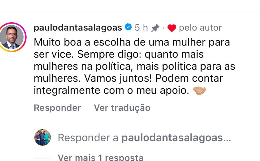 Paulo Dantas aprova escolha de uma mulher como pré-candidata a vice-prefeita de União dos Palmares