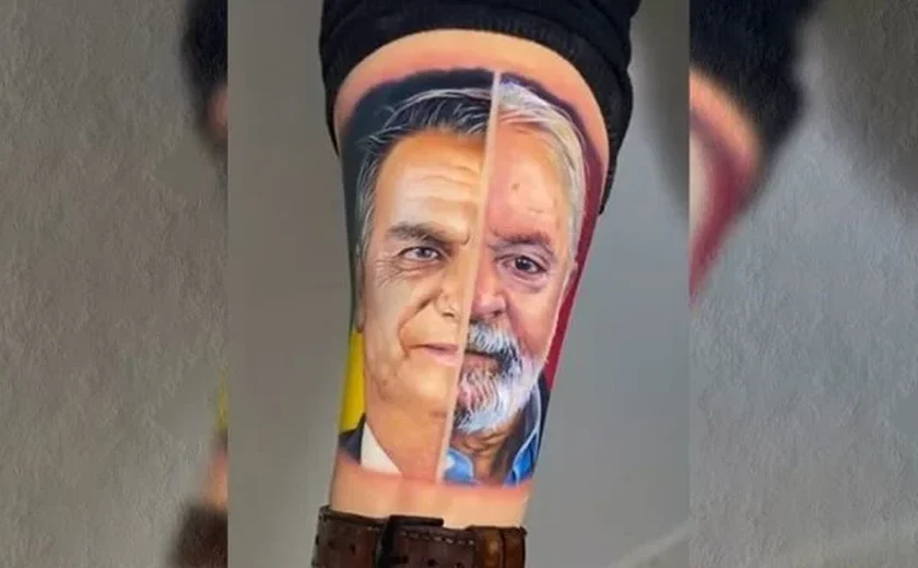 Homem faz tatuagem com os rostos de Lula e Bolsonaro