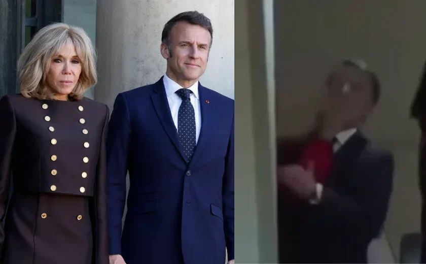 Presidente da França aparece em vídeo sendo empurrado por sua mulher