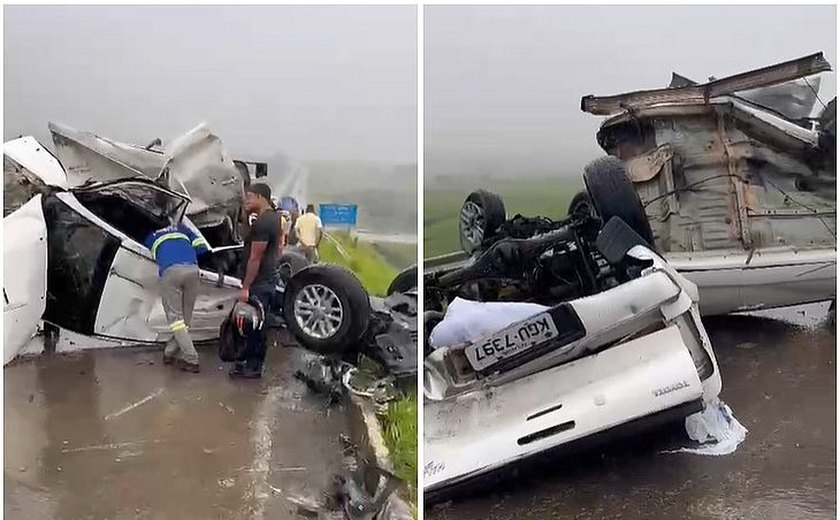 Acidente na BR-101, em Rio largo, deixa ao menos uma pessoa presa às ferragens e caminhonete destruída